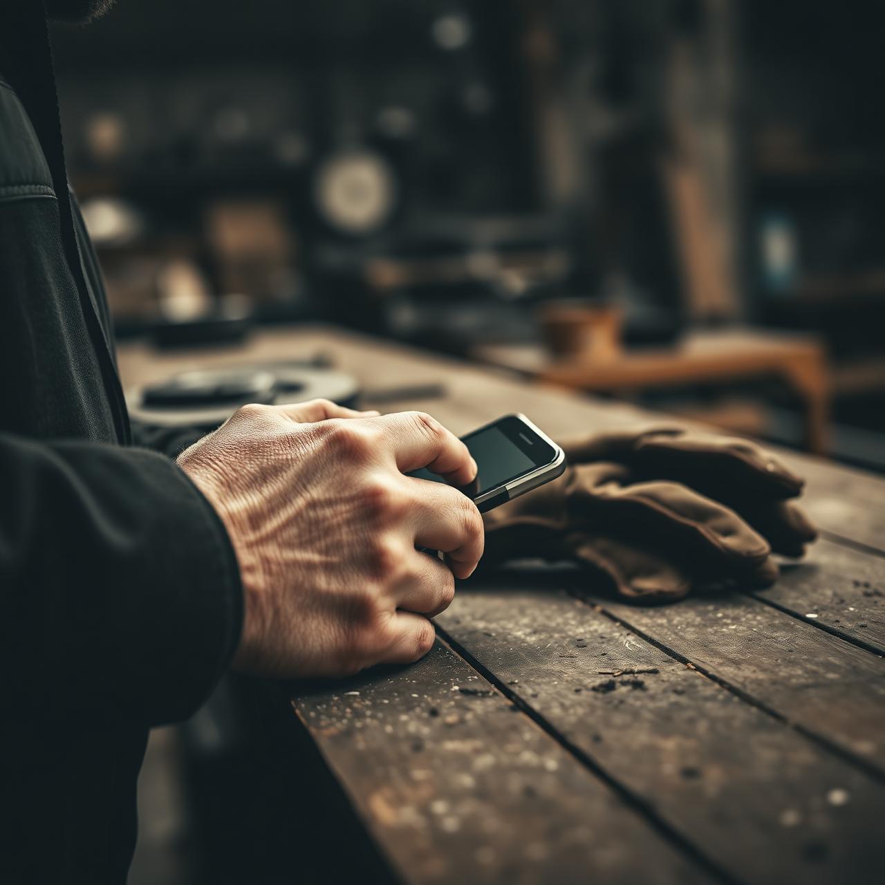 Tradie's hands filling in a registration form on a phone with work gloves beside it