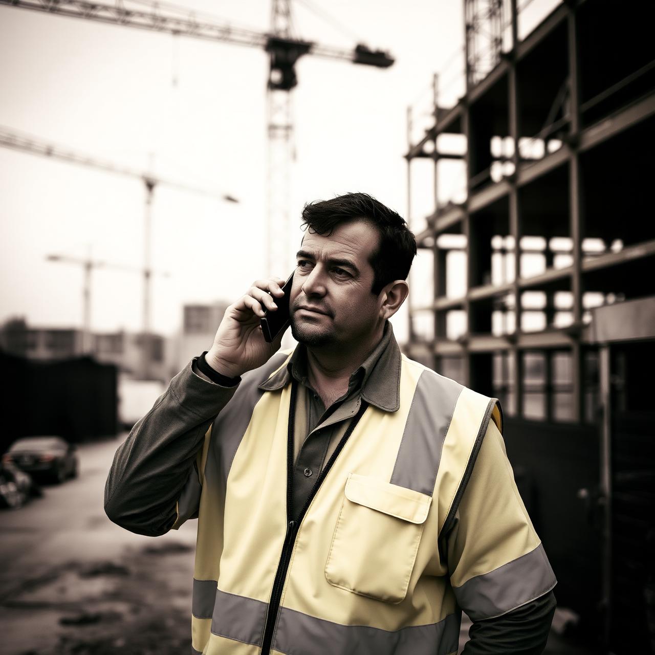 Tradesman on a phone call outdoors on a construction worksite