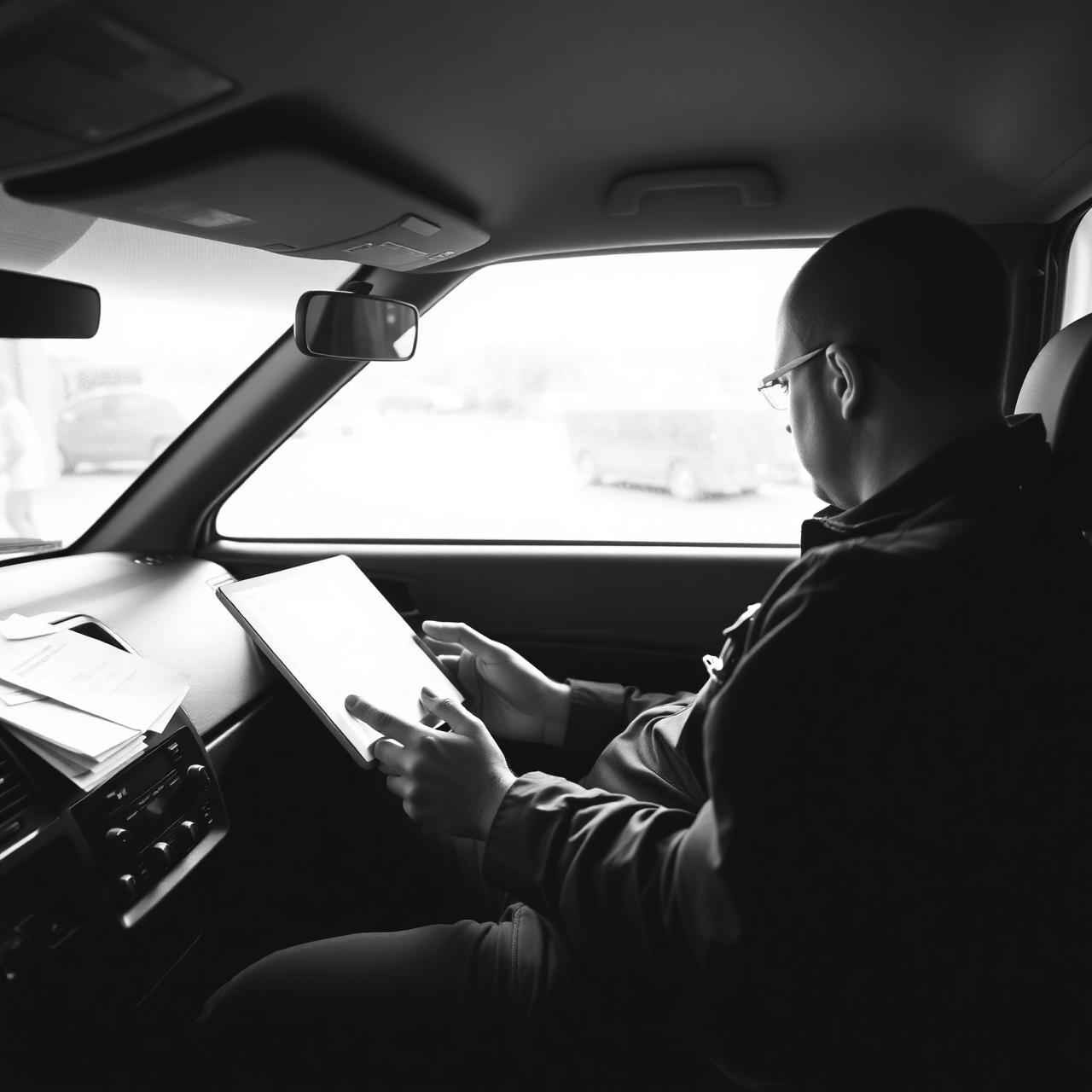 Tradie reviewing job listings on a tablet inside a ute